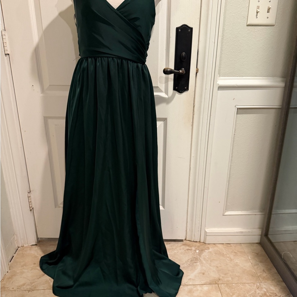 Showpo Dark Green Satin Girls Dress - Sleeveless V-Neck Gown - Picture 13 of 16